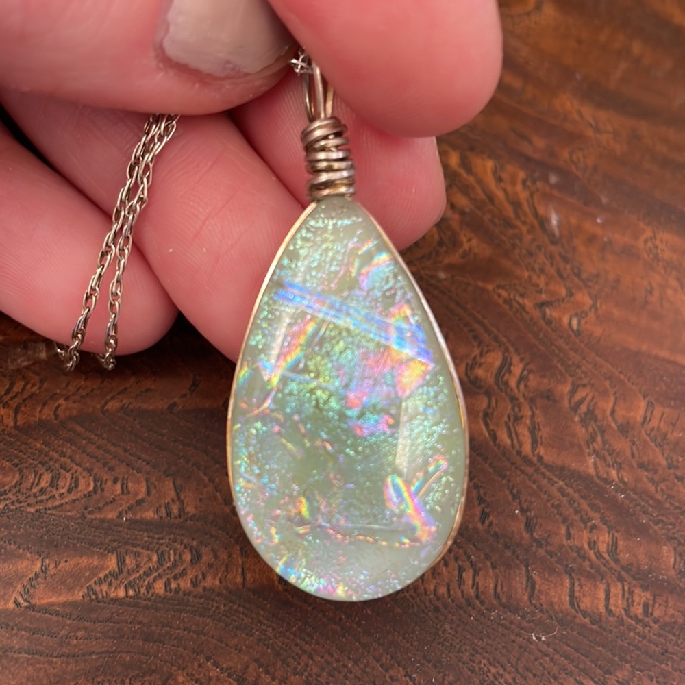 Aqua glass and silver pendant